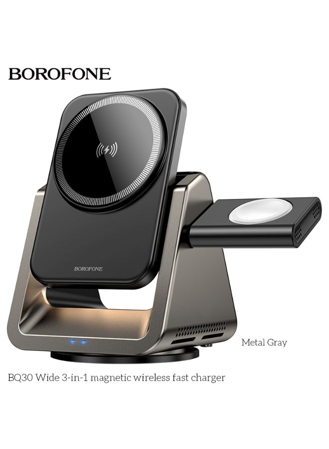 بوروفون شاحن لاسلكي مغناطيسي سريع 3 في 1 – قاعدة شحن واسعة متوافقة مع الهاتف وAirPods والساعة – قدرة شحن قصوى 15 واط – رمادي معدني - Image 5