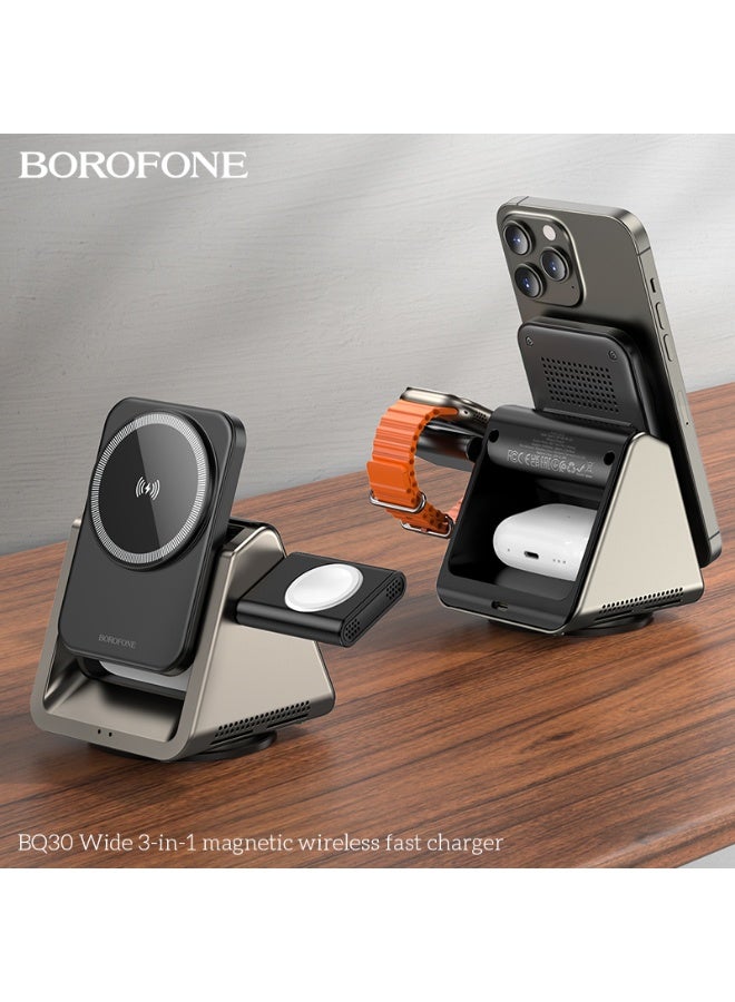 بوروفون شاحن لاسلكي مغناطيسي سريع 3 في 1 – قاعدة شحن واسعة متوافقة مع الهاتف وAirPods والساعة – قدرة شحن قصوى 15 واط – رمادي معدني - Image 3