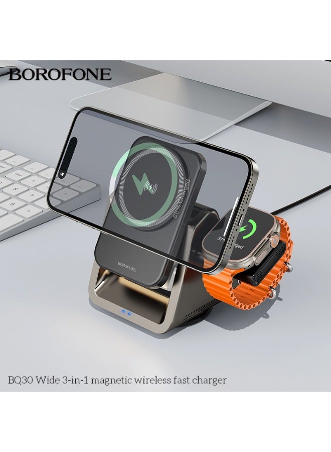 بوروفون شاحن لاسلكي مغناطيسي سريع 3 في 1 – قاعدة شحن واسعة متوافقة مع الهاتف وAirPods والساعة – قدرة شحن قصوى 15 واط – رمادي معدني - Image 4