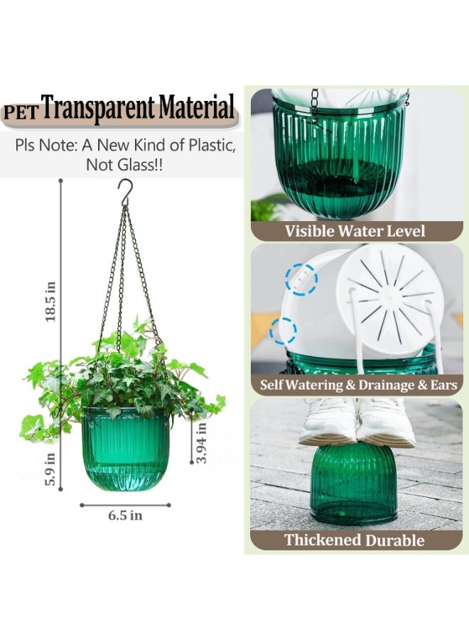 HZYH 2 Pack Self Watering Hanging Planters, 16.5cm Transparent Plastic Hanging Pots with Drainage Holes and Hooks, Indoor Outdoor Plant Hanger for Flowers Herbs Balcony Garden Home Use, Emerald - Image 3