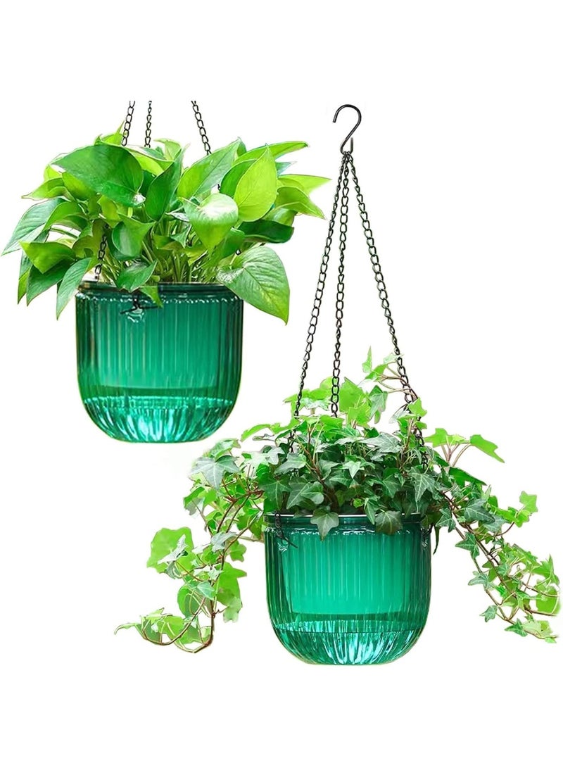 HZYH 2 Pack Self Watering Hanging Planters, 16.5cm Transparent Plastic Hanging Pots with Drainage Holes and Hooks, Indoor Outdoor Plant Hanger for Flowers Herbs Balcony Garden Home Use, Emerald - Image 2