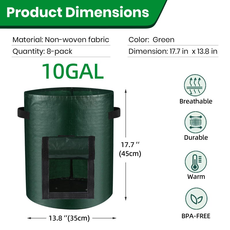 BIJOKETTEN 10 Gallon 8-Pack Grow Bags, Durable PE Fabric Pots with Flap and Handles, Green Planter Bags for Potato Vegetables Flowers Herbs Garden Outdoor, 17.7''x13.8'' Large for All Plants Growing - Image 5