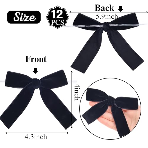 DHFLYDH Velvet Bows Christmas Bows Twist Tie Bows 12 PCS Premade Bows for Christmas Tree,Wreaths, Gift Basket, Spring Decor, Gift Wrapping, Swag, Wedding (Black) - Image 2