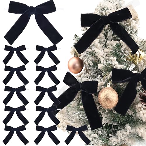 DHFLYDH Velvet Bows Christmas Bows Twist Tie Bows 12 PCS Premade Bows for Christmas Tree,Wreaths, Gift Basket, Spring Decor, Gift Wrapping, Swag, Wedding (Black) - Image 1