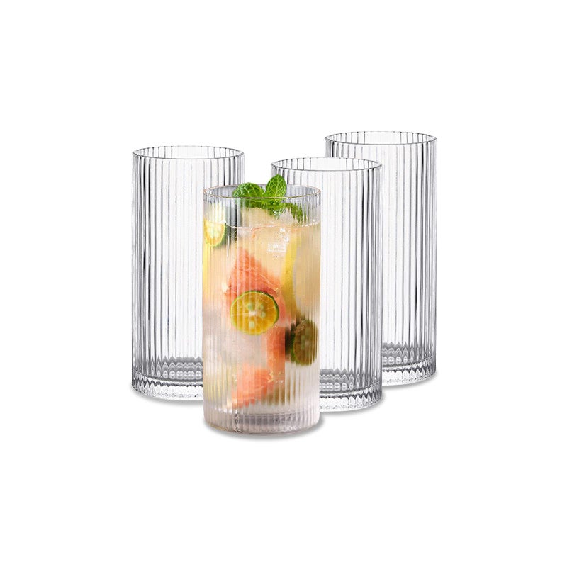 INSETLAN Glass Cups Vintage Glassware Set of 4 Large Origami Style Transparent Cocktail Glasses Set Bar Beverages Ice Coffee Cup Juice Ripple Drinkware 370ml L