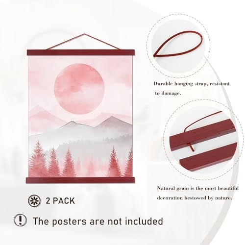 Artmag 2 Pack Magnetic Poster Hanger Frame, 20x28 20x30 20x26 Light Wood Wooden Magnet Canvas Artwork Print Dowel Poster Hangers Frames Hanging Kit (Mahogany, 20",2 Packs) - Image 2