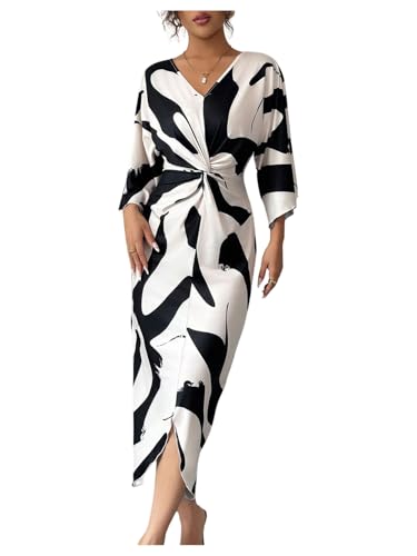 SweatyRocks Women's Twist Front V Neck Cow Print Long Dress Elegant 3/4 Ruffle Sleeve Cocktail Dresses Black and White Large - Image 1