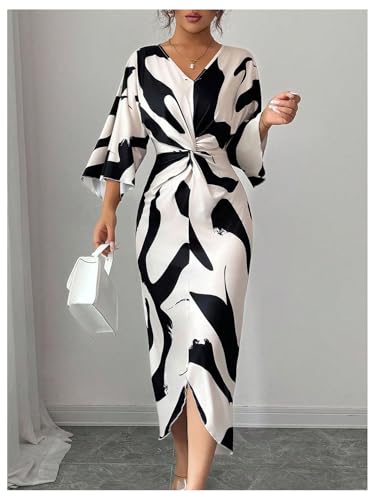 SweatyRocks Women's Twist Front V Neck Cow Print Long Dress Elegant 3/4 Ruffle Sleeve Cocktail Dresses Black and White Large - Image 4