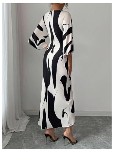SweatyRocks Women's Twist Front V Neck Cow Print Long Dress Elegant 3/4 Ruffle Sleeve Cocktail Dresses Black and White Large - Image 2