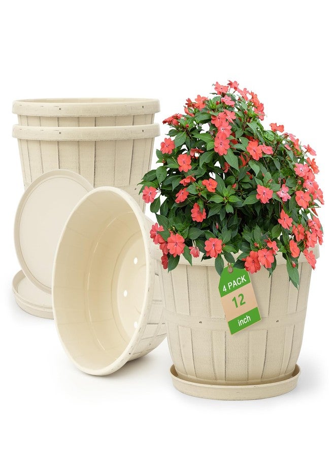 Quarut 12 Inch Large Planter Pot for Plants Indoor Outdoor, 4 Pack Plastic Flower Pots with Drainage Hole & Tray, Modern Decorative Garden Pot with Saucer, Plant Container for House（Beige） - Image 1