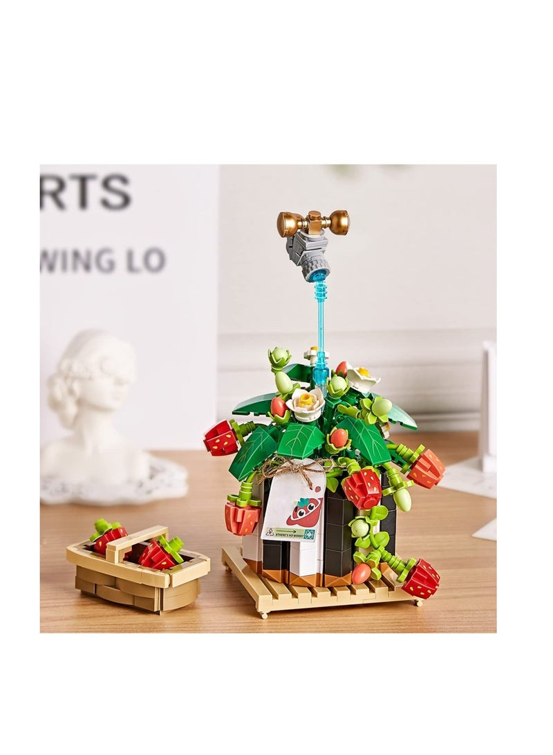 Zikra طقم بناء باقة فراولة مصغرة مزروعة 686 قطعة كتل بناء زخرفة مكتبية منزلية صناعية للفراولة مجموعة نباتية إبداعية للهدايا غير متوافقة مع ليغو - Image 3