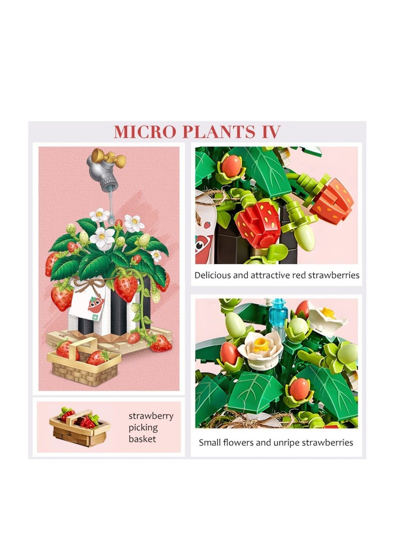 Zikra طقم بناء باقة فراولة مصغرة مزروعة 686 قطعة كتل بناء زخرفة مكتبية منزلية صناعية للفراولة مجموعة نباتية إبداعية للهدايا غير متوافقة مع ليغو - Image 2