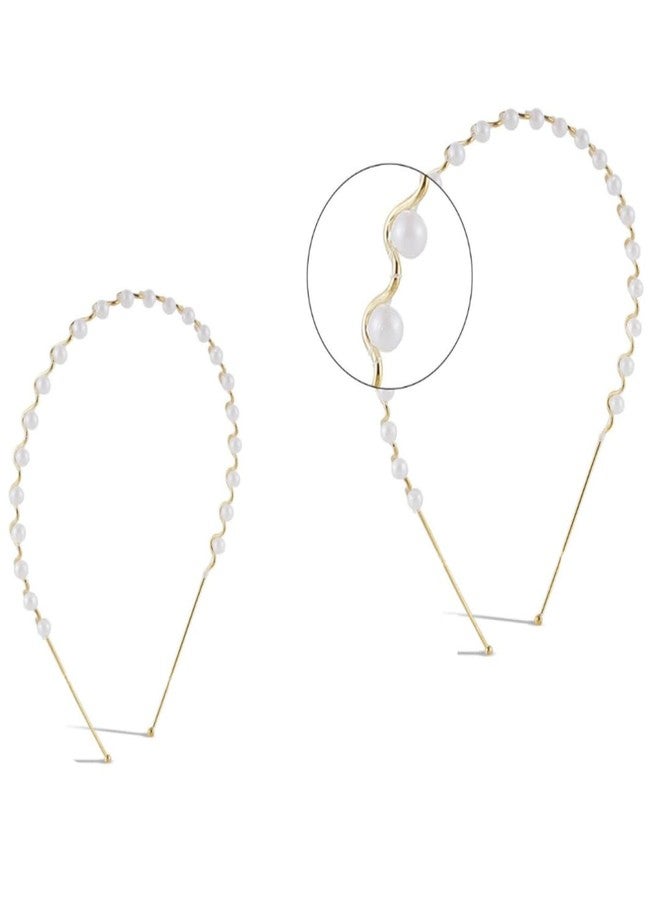 KLNEEDS Pearl Headband for Girls & Women, Golden Metal Zig Zag Design, White Pack of 6 - Image 1