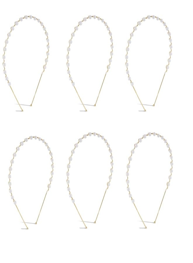 KLNEEDS Pearl Headband for Girls & Women, Golden Metal Zig Zag Design, White Pack of 6 - Image 3