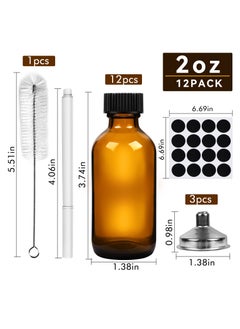 SKYLINK 12Pack 2oz Amber Glass Bottles with Lids – Reusable Storage Containers for DIY, Kitchen, and Travel – Includes Funnels, Labels & Cleaning Brush  - Image 2