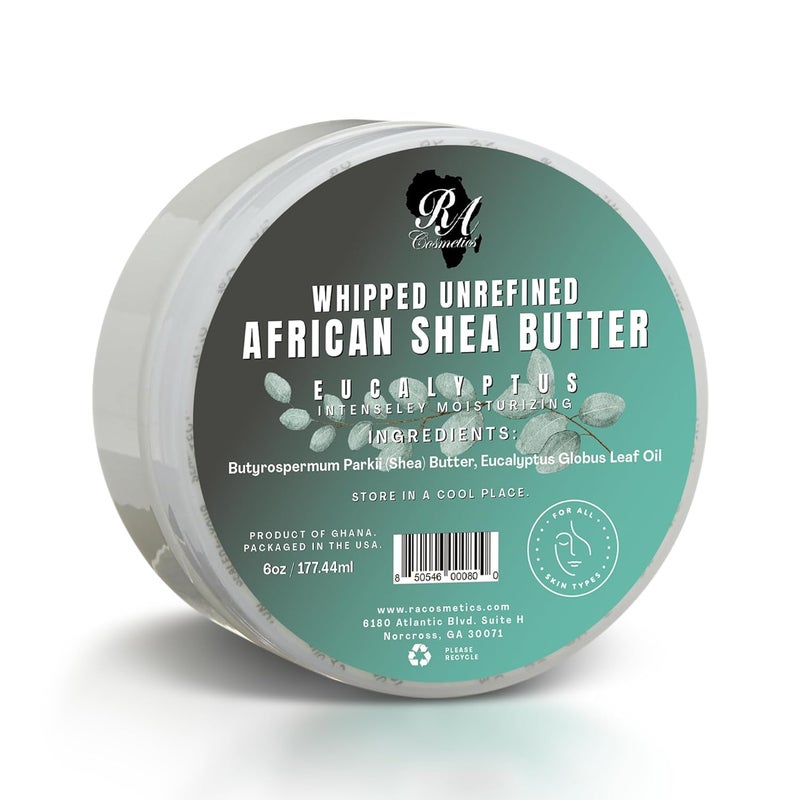 RA COSMETICS Whipped Shea Butter Eucalyptus  6oz  100 Pure and Natural African Shea Butter for Men  Women  Ultimate Handcrafted Moisturizer with Essential Vitamins for Radiant Skin  Hair