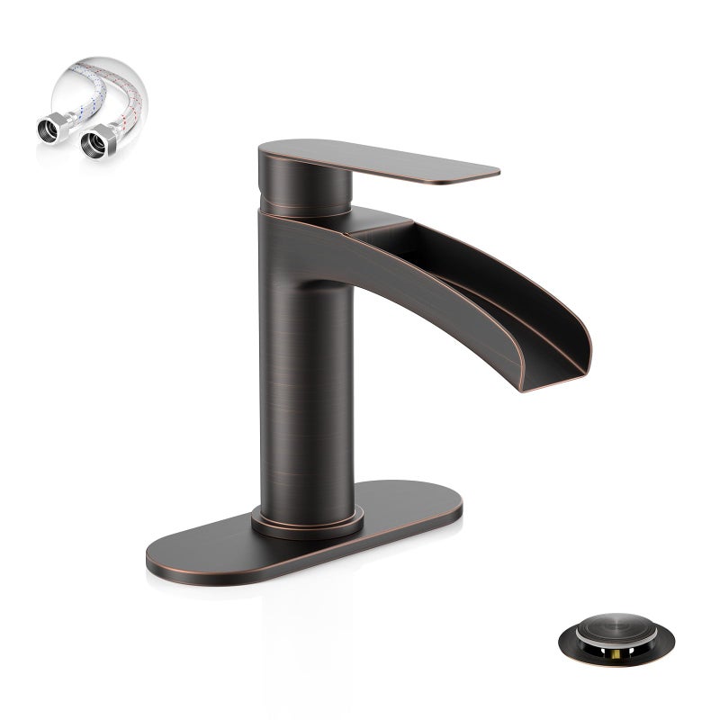 Phiestina Oil Rubbed Bronze Waterfall Single Handle Bathroom Sink Faucet with 6Inch Deck Plate Metal Pop Up Drain Assembly and CUPC Water Supply LinesNSSF01ORB
