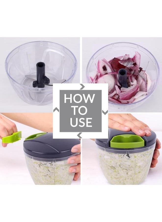 Vegetable Chopper 900 ml Manual Chopper with Storage Lid, 5 Blade Vegetable Chopper and Blender, Pull Gatling Onion and Garlic Chopper, Portable Large Hand Chopper for Easy Meal Prep.
