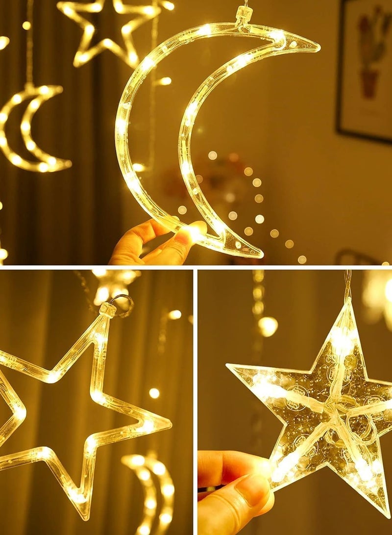 معرض الأعياد زينة رمضان، نجوم الطاقة الشمسية، أضواء رمضان، أضواء ستارة LED خارجية، أضواء سلسلة، زينة للعطلات، أضواء الجنية المتلألئة، 8 أوضاع إضاءة (القمر والنجوم البيضاء الدافئة بالطاقة الشمسية) - Image 3