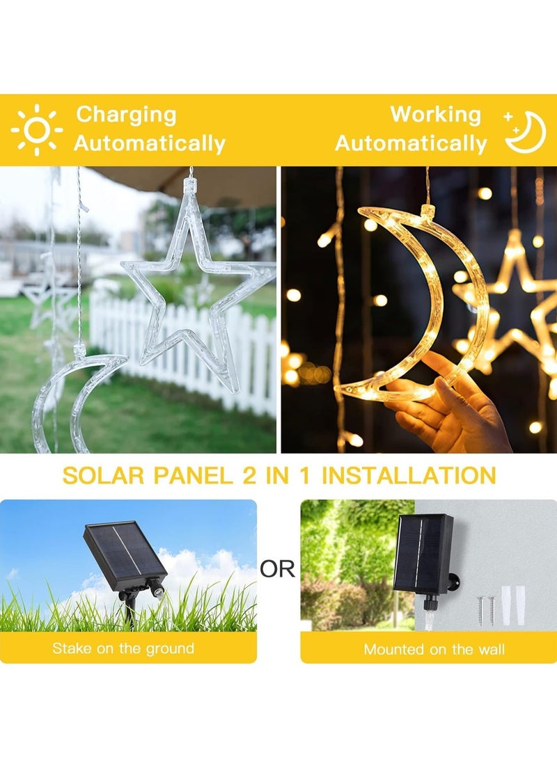 معرض الأعياد زينة رمضان، نجوم الطاقة الشمسية، أضواء رمضان، أضواء ستارة LED خارجية، أضواء سلسلة، زينة للعطلات، أضواء الجنية المتلألئة، 8 أوضاع إضاءة (القمر والنجوم البيضاء الدافئة بالطاقة الشمسية) - Image 5