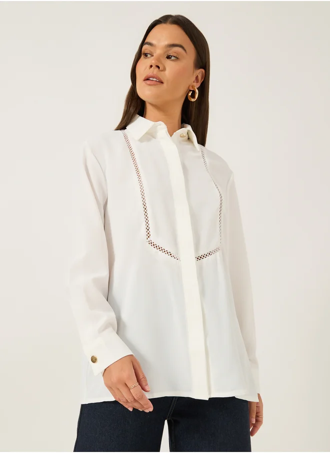 ستايلي Oversized Spread Collar Shirt with Lace Detail