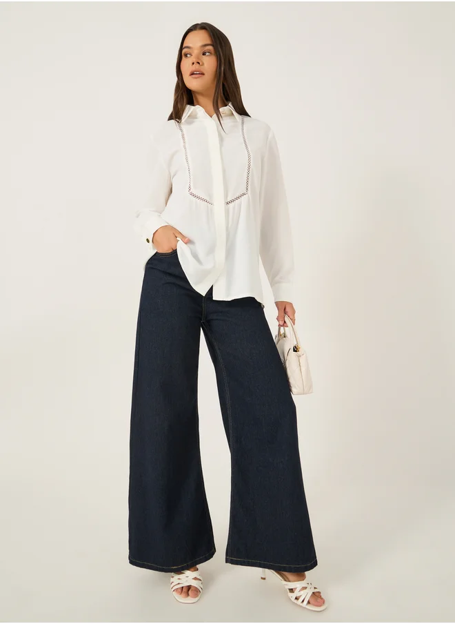 ستايلي Oversized Spread Collar Shirt with Lace Detail