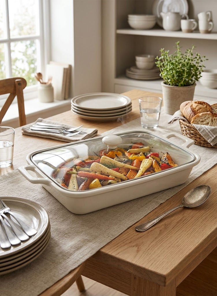 Dove Porcelain Rectangular Baking Dish with Glass Lid White 18 inch - Image 1