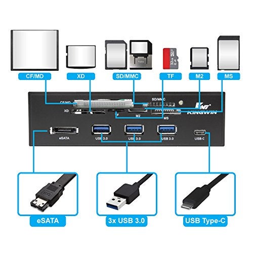 Kingwin Powered USB Hub 3.0 w/ 1 USB-C Port, SD Card Reader & Micro SD Card Reader - Sata Power Port w/Lightning Speed Data Transfer Up to 5Gbps - 5.25" Computer Case Front Bay, black (KW525-3U3CR) - Image 4