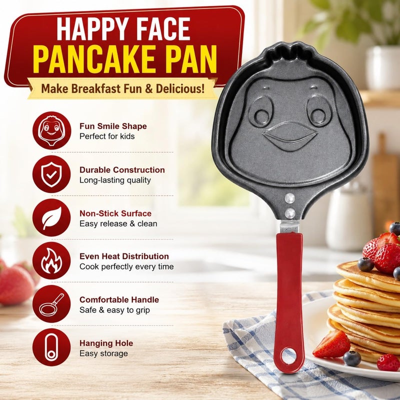 Pancake Pan Non Stick Happy Face Shape, Mini Egg Omelette Maker, Breakfast Cooking Mold, Smiley Griddle Skillet with Comfortable Handle, Even Heat for Home Kitchen - Image 2