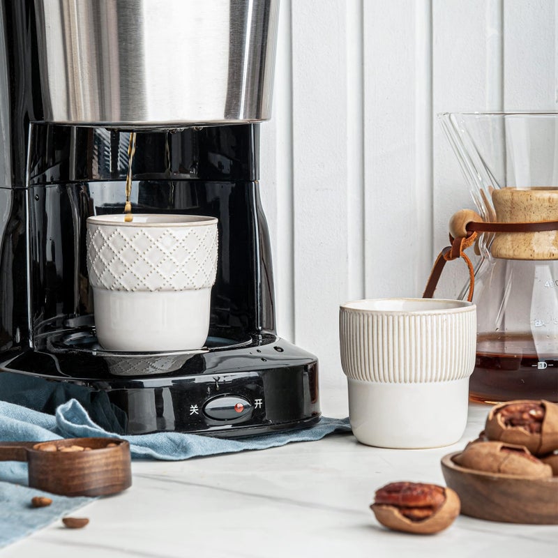 MIKIGEY Espresso Cups Set of 2, 4oz Espresso Shot Cups, Mini Coffee Mugs Farmhouse Decor, Demitasse Cup Perfect for Coffee Maker, Microwave and Dishwasher Safe, (Embossed Stripes+Checks - Image 2