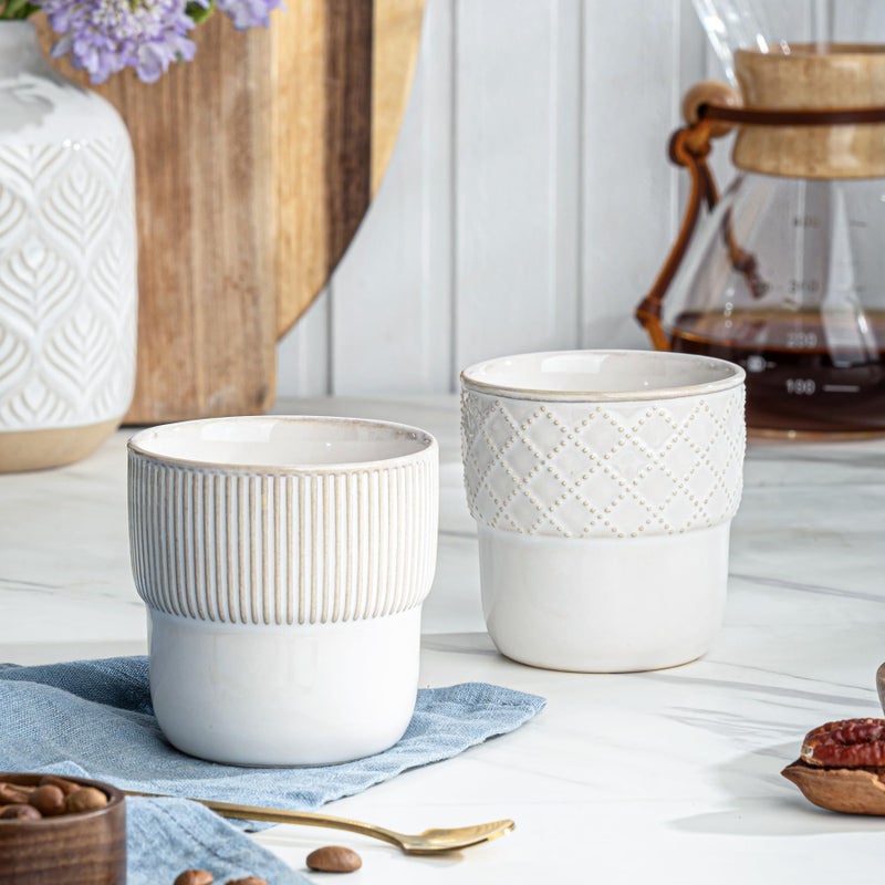 MIKIGEY Espresso Cups Set of 2, 4oz Espresso Shot Cups, Mini Coffee Mugs Farmhouse Decor, Demitasse Cup Perfect for Coffee Maker, Microwave and Dishwasher Safe, (Embossed Stripes+Checks - Image 3
