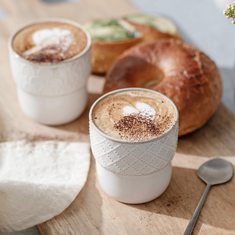 MIKIGEY Espresso Cups Set of 2, 4oz Espresso Shot Cups, Mini Coffee Mugs Farmhouse Decor, Demitasse Cup Perfect for Coffee Maker, Microwave and Dishwasher Safe, (Embossed Stripes+Checks - Image 4