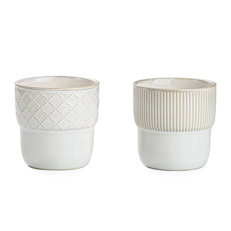 MIKIGEY Espresso Cups Set of 2, 4oz Espresso Shot Cups, Mini Coffee Mugs Farmhouse Decor, Demitasse Cup Perfect for Coffee Maker, Microwave and Dishwasher Safe, (Embossed Stripes+Checks - Image 1