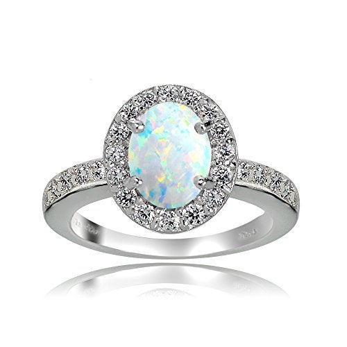 Ice Gems Sterling Silver Created Opal and White Topaz Oval Halo Ring - Image 1