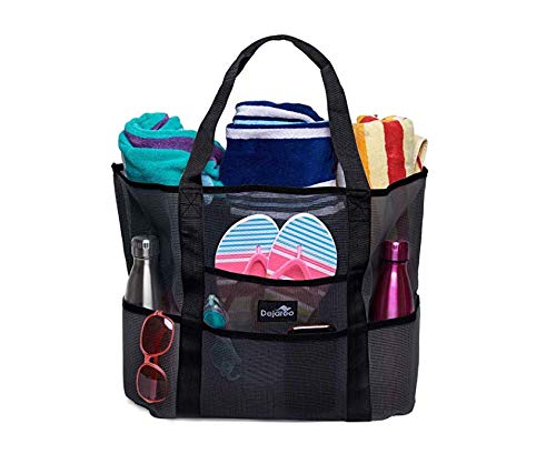 Dejaroo: Mesh Sand Free Bag - Strong Lightweight Tote For Beach & Vacation Essentials. Tons Of Storage With 8 Pockets  Foldable  17X9X15 Inches  Black With Black Straps - Image 1