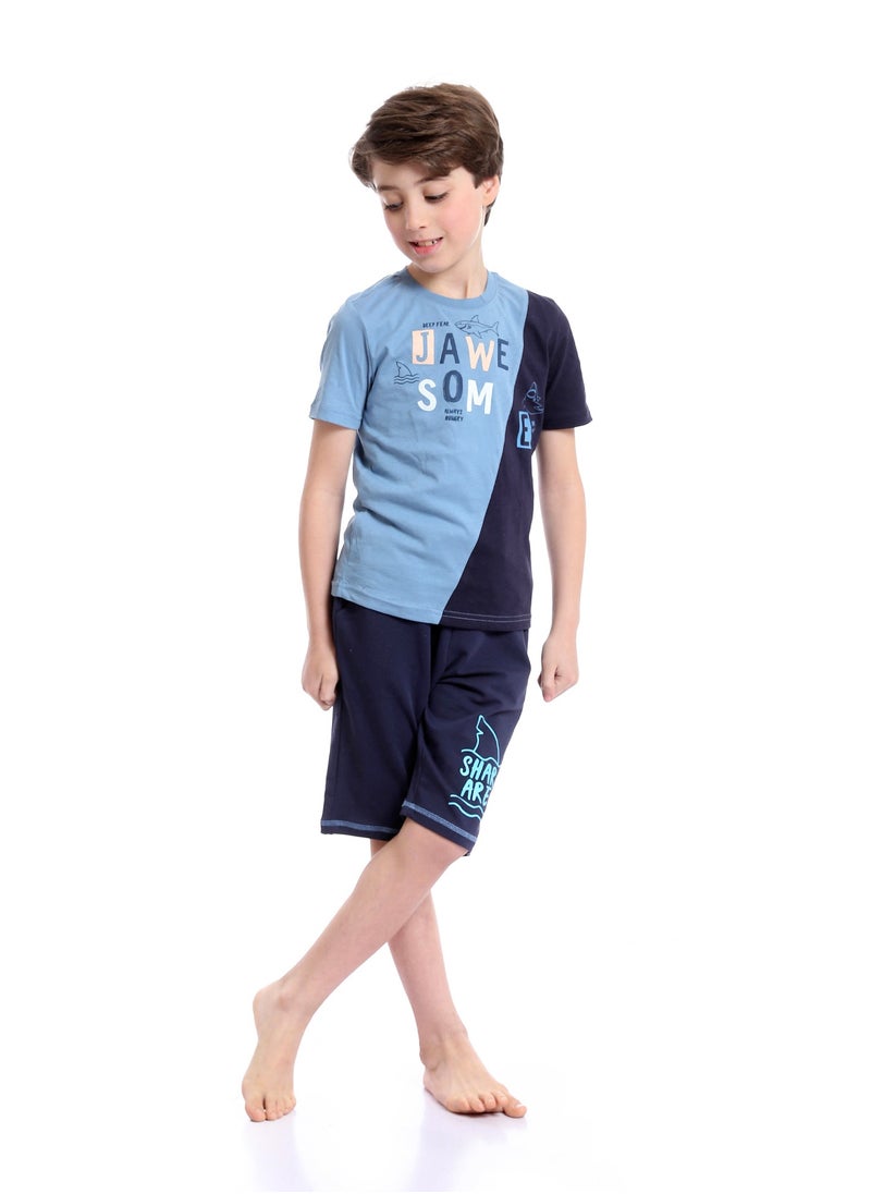 Boys Summer Cotton Tee & Shorts Pajama Set - Baby Blue & Navy Blue - pzsku/Z8CE06B64DFF93A0A5463Z/45/_/1720105122/49028467-212e-4b98-9d06-ba5fb92cb2b1