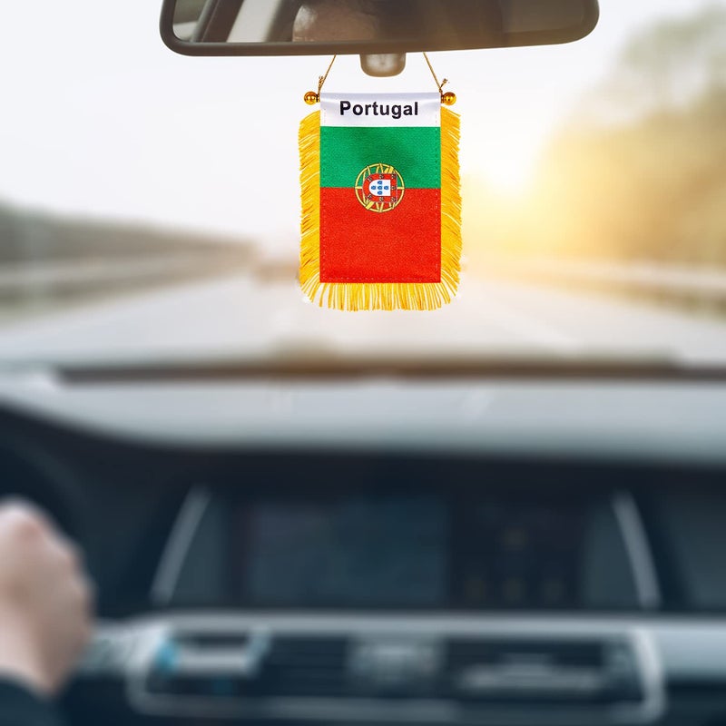 WXTWK 3 X 5 Inch Portugal Flag Portuguese Window Hanging Flag Small Mini Car Flags Banners Rearview Mirror Decoration With Suction Cup Golden Fringy Banner - Image 4