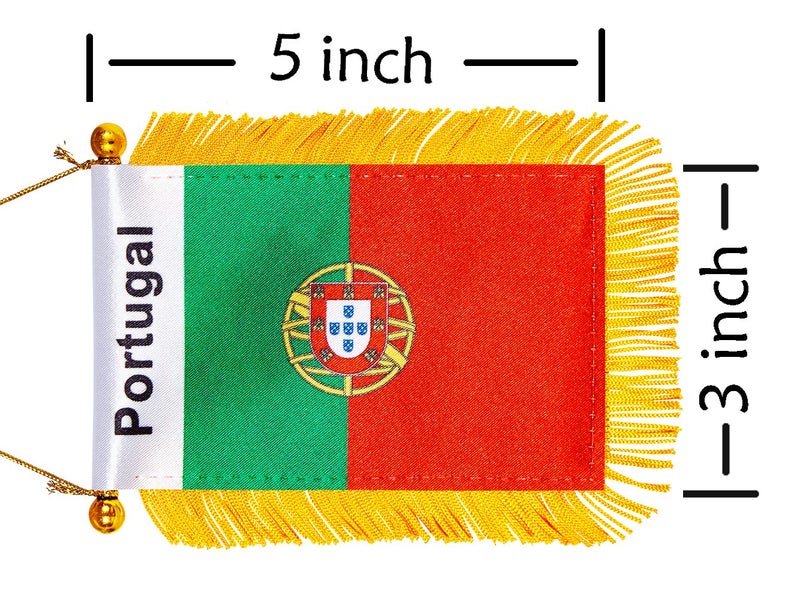 WXTWK 3 X 5 Inch Portugal Flag Portuguese Window Hanging Flag Small Mini Car Flags Banners Rearview Mirror Decoration With Suction Cup Golden Fringy Banner - Image 2
