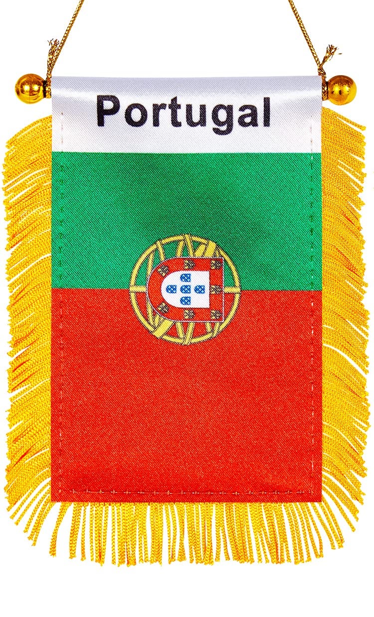 WXTWK 3 X 5 Inch Portugal Flag Portuguese Window Hanging Flag Small Mini Car Flags Banners Rearview Mirror Decoration With Suction Cup Golden Fringy Banner - Image 1