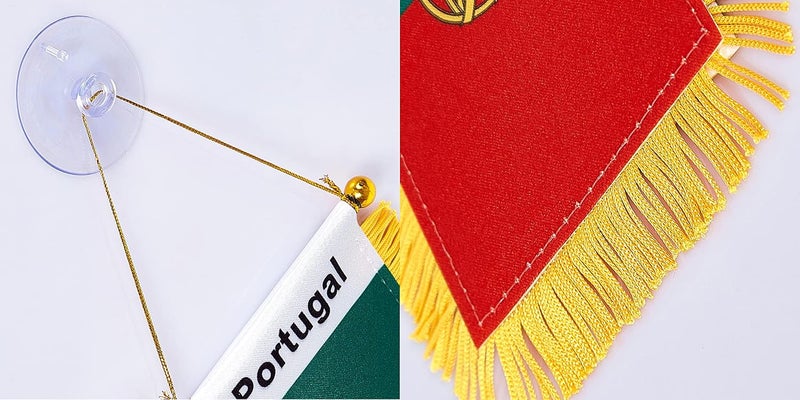 WXTWK 3 X 5 Inch Portugal Flag Portuguese Window Hanging Flag Small Mini Car Flags Banners Rearview Mirror Decoration With Suction Cup Golden Fringy Banner - Image 3