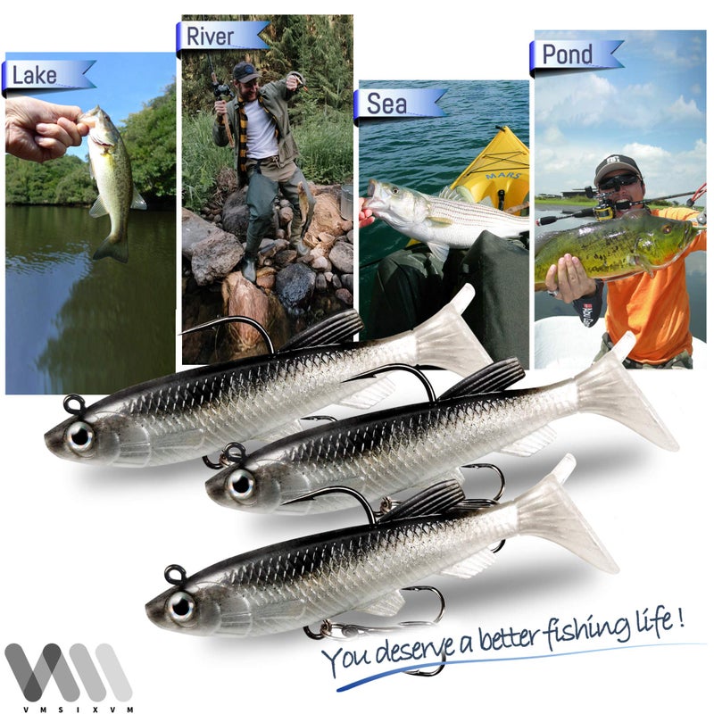 VMSIXVM Soft Fishing Lures Shad Minnow Swimbaits, Pre-Rigged Jig Heads Paddle Tail Swim Baits for Bass, Trout, Walleye, Crappie, Sinking Jigs Bait for Saltwater Freshwater, Fishing Gifts for Men - Image 4