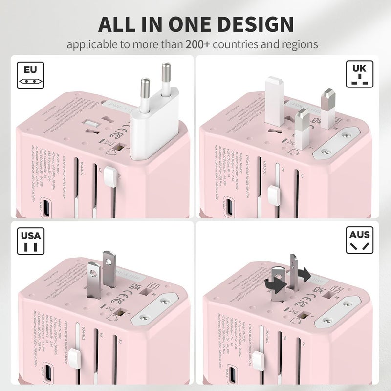 EPICKA Universal Travel Adapter, International Power Plug Adapter with 3 USB-C and 2 USB-A Ports, All-in-One Worldwide Wall Charger for USA EU UK AUS (TA-105C, Pink) - Image 2