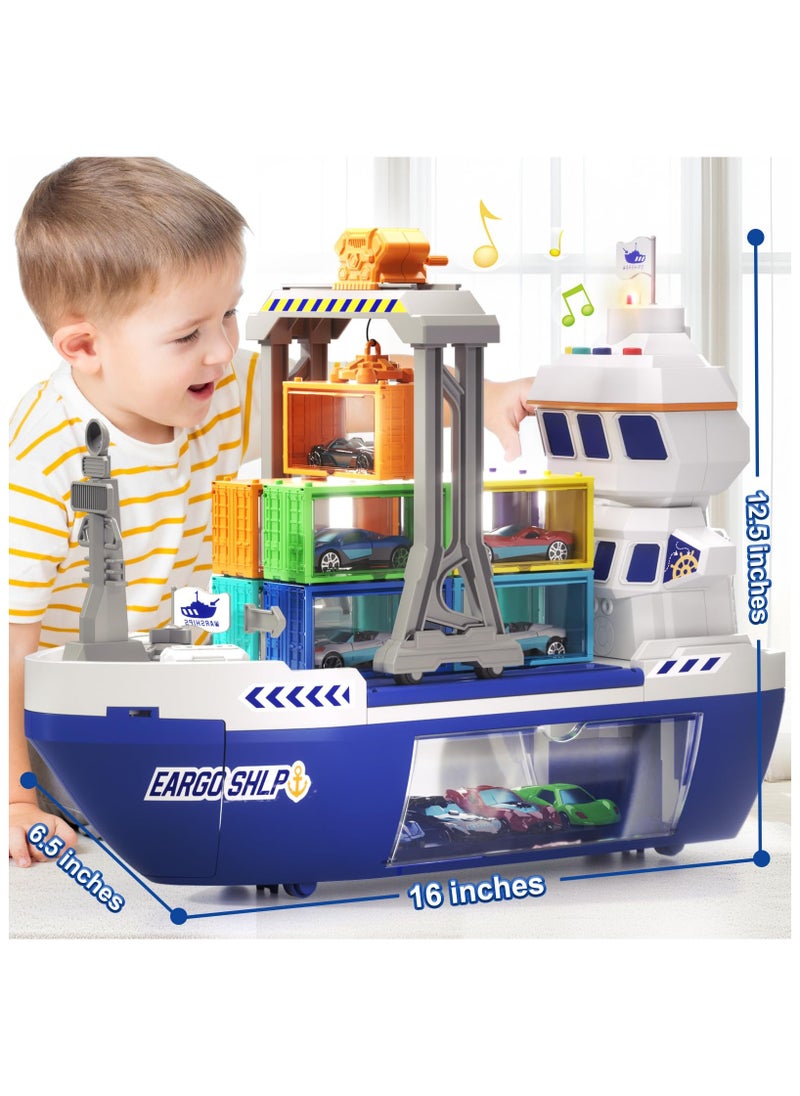 AIYISHI - Toy Cargo Ship For Kids Container Car Set With 6 Alloy Cars Vehicles And Catapult Car Device ，The Gantry Crane Device，Cargo Ship With Sounds And Lights ，Large Capacity Storage Car Spacefor 3+ Kids Boys Girls - Image 1
