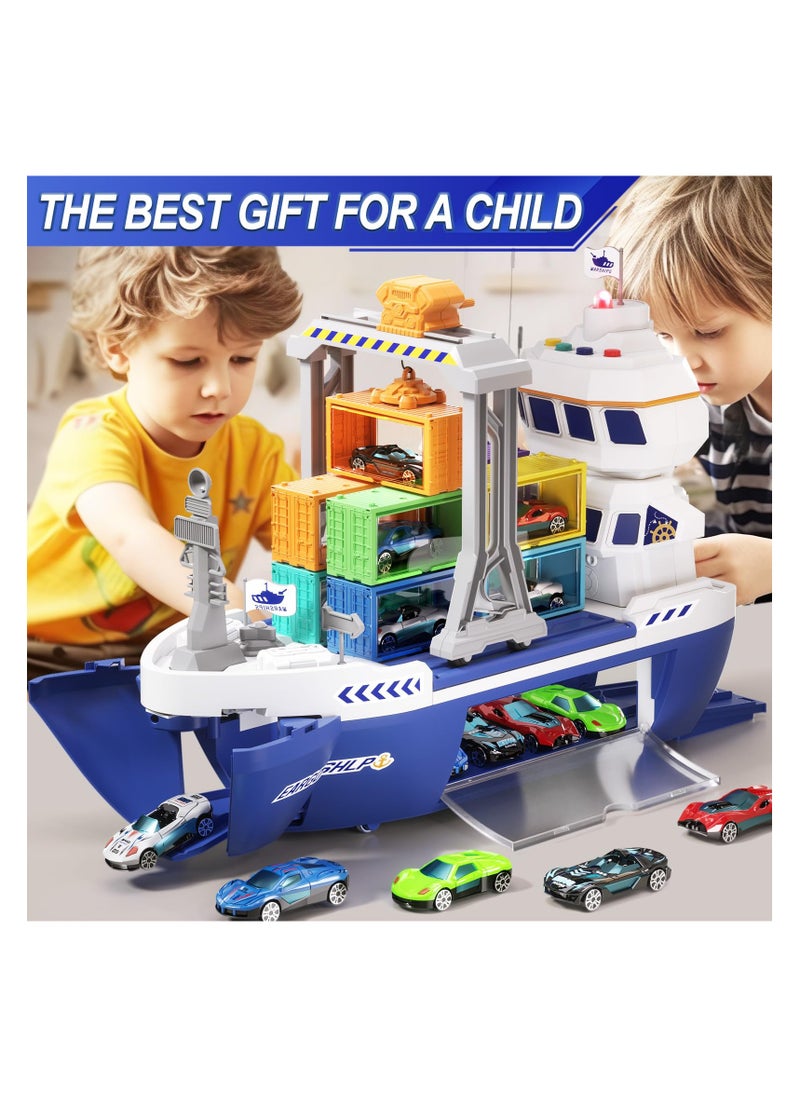 AIYISHI - Toy Cargo Ship For Kids Container Car Set With 6 Alloy Cars Vehicles And Catapult Car Device ，The Gantry Crane Device，Cargo Ship With Sounds And Lights ，Large Capacity Storage Car Spacefor 3+ Kids Boys Girls - Image 1