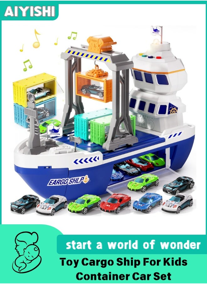 AIYISHI - Toy Cargo Ship For Kids Container Car Set With 6 Alloy Cars Vehicles And Catapult Car Device ，The Gantry Crane Device，Cargo Ship With Sounds And Lights ，Large Capacity Storage Car Spacefor 3+ Kids Boys Girls - Image 1
