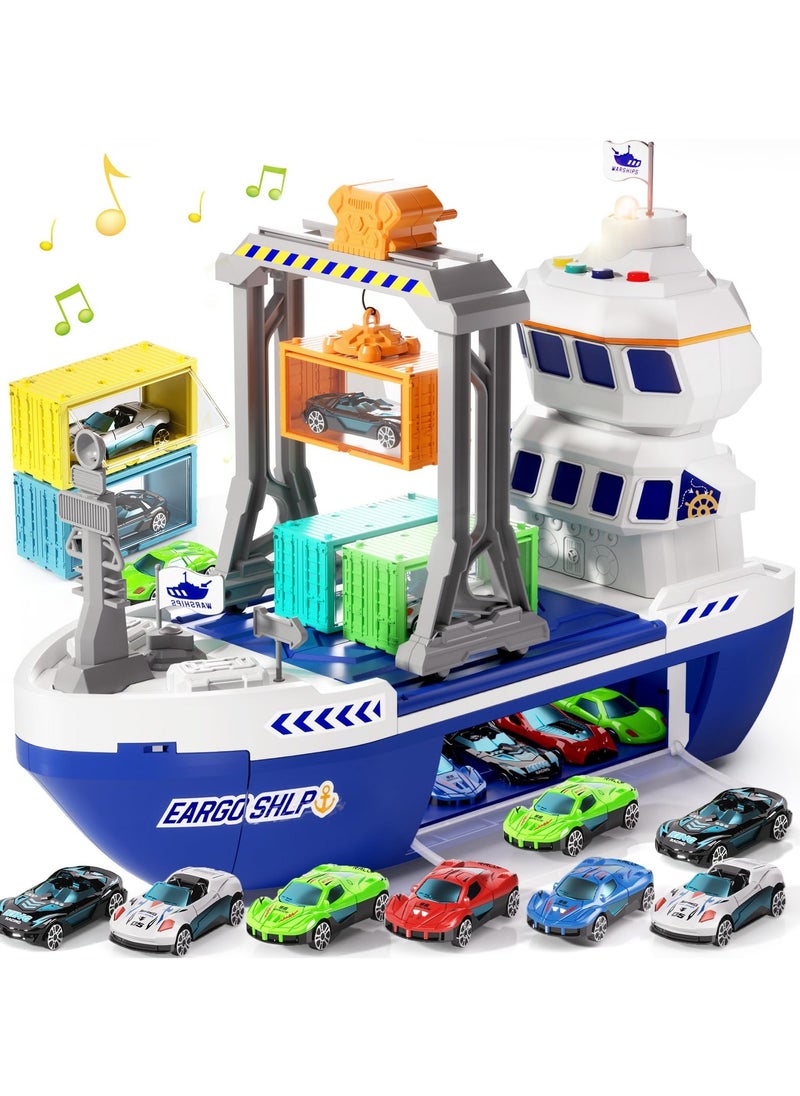 AIYISHI - Toy Cargo Ship For Kids Container Car Set With 6 Alloy Cars Vehicles And Catapult Car Device ，The Gantry Crane Device，Cargo Ship With Sounds And Lights ，Large Capacity Storage Car Spacefor 3+ Kids Boys Girls - Image 1