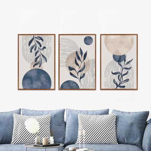 KAIRNE Boho Plant Wall Art Set of 3Blue Bohemain Framed CanvasAbstract Geometric Line Wall PaintingModern Nature PrintsBotanical and Moon Wall Art for Living Room Bedroom Office 3Pieces16X24 - Image 3