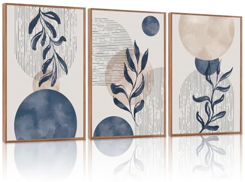 KAIRNE Boho Plant Wall Art Set of 3Blue Bohemain Framed CanvasAbstract Geometric Line Wall PaintingModern Nature PrintsBotanical and Moon Wall Art for Living Room Bedroom Office 3Pieces16X24 - Image 1