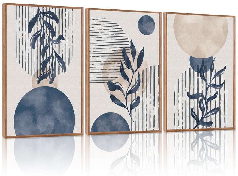 KAIRNE Boho Plant Wall Art Set of 3Blue Bohemain Framed CanvasAbstract Geometric Line Wall PaintingModern Nature PrintsBotanical and Moon Wall Art for Living Room Bedroom Office 3Pieces16X24 - Image 2