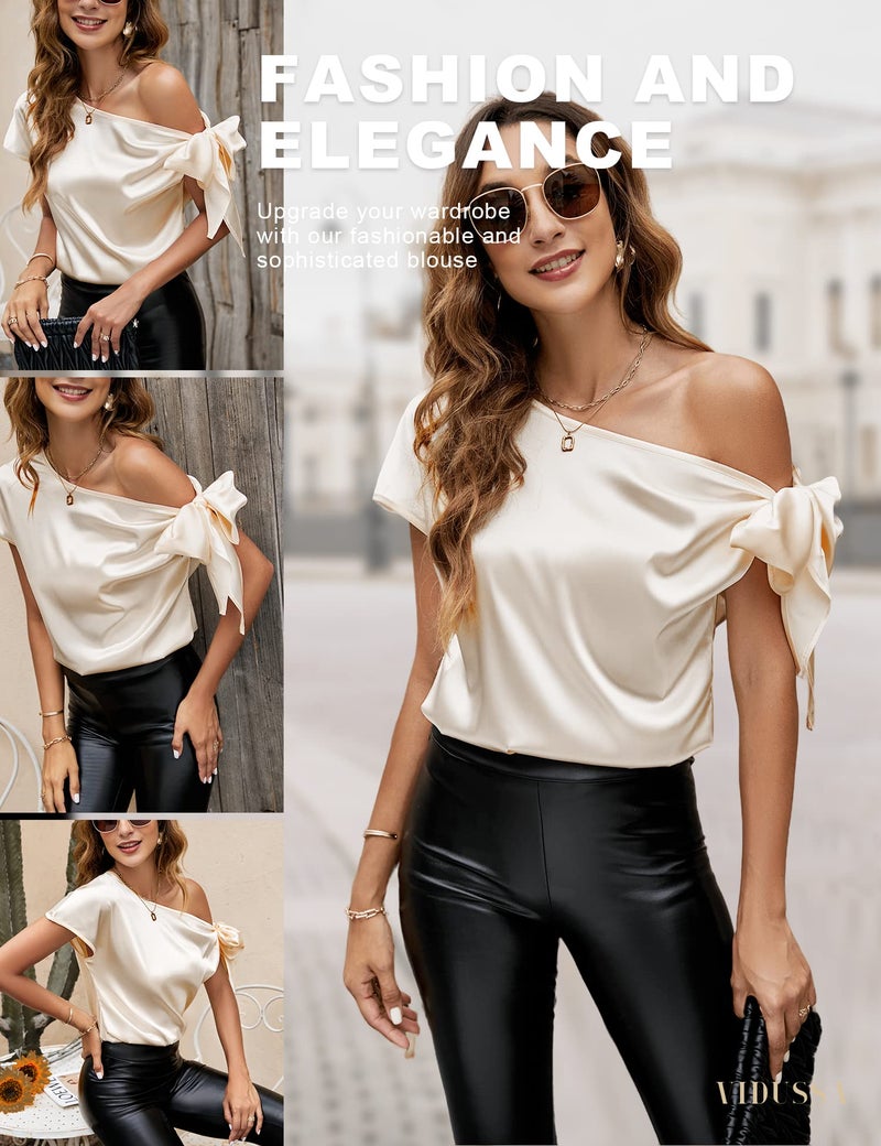 VIDUSSA Women's Off Shoulder Silk Tops Casual Short Sleeve Asymmetrical Neck Satin Blouse Shirts Champagne XS - Image 3